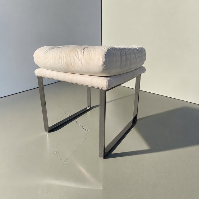 Milo Baughman Style Chrome Upholstered Stool For Sale - Image 10 of 14