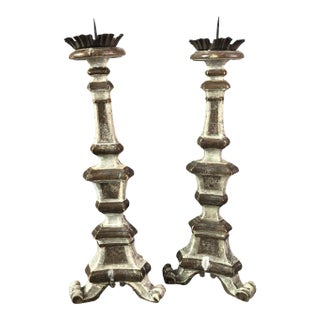 Pair of 18th Century Carved Wood Pricket Candlesticks With Original Silver Leaf For Sale