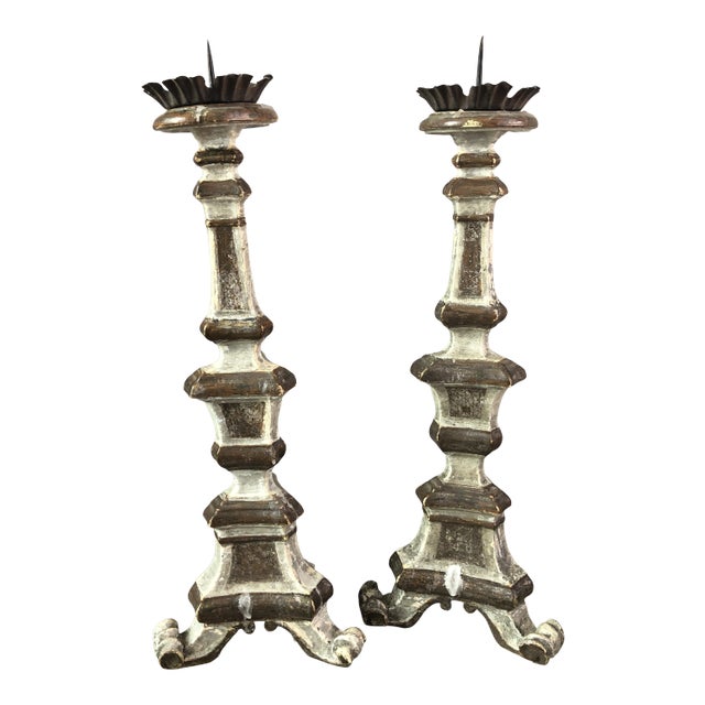 Pair of 18th Century Carved Wood Pricket Candlesticks With Original Silver Leaf For Sale