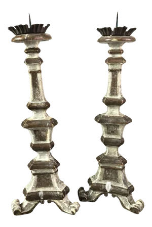 Pair of 18th Century Carved Wood Pricket Candlesticks With Original Silver Leaf