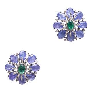 1990s Tanzanite, Emerald and Diamond Stud Earrings, 2 Pieces For Sale