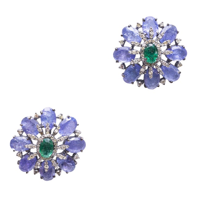 1990s Tanzanite, Emerald and Diamond Stud Earrings, 2 Pieces For Sale