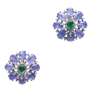 Tanzanite, Emerald and Diamond Stud Earrings