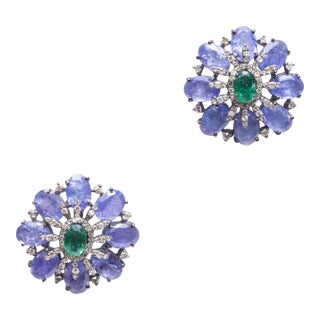 Tanzanite, Emerald and Diamond Stud Earrings, 2 Pieces For Sale