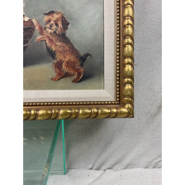 Antique Oil Painting on Board of Playful Pups in Nice Gold Gilt Frame For Sale - Image 9 of 9