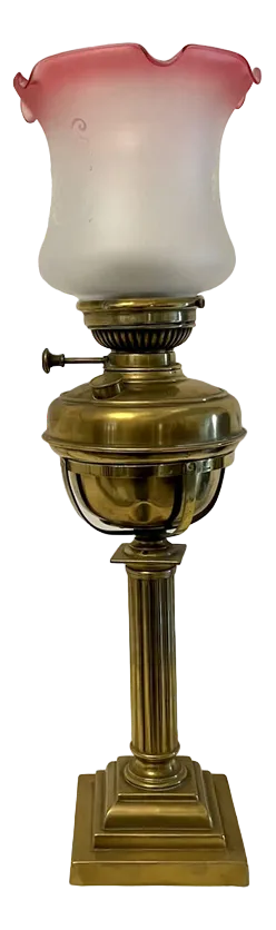 Antique Victorian Reeded Column Brass Oil Lamp, 1860s