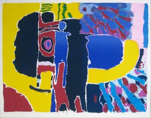 John Denning Bright Abstracted Figures With Yellow, Blue and Black, Silkscreen, 1975