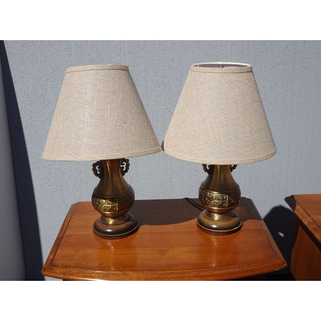 1990s Pair of Vintage Mid Century Metal Table Lamps Lights W Lamp Shades For Sale - Image 5 of 11