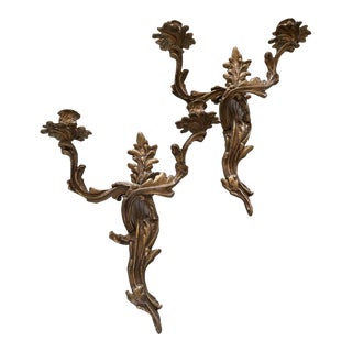 Vintage Gilded Leaf Metal Candle Sconces - a Pair For Sale
