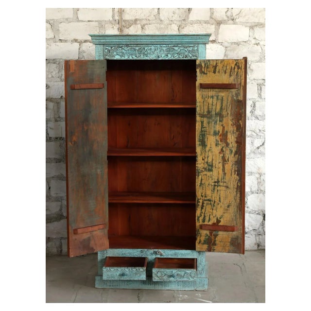 Farmhouse Vintage Armoire Tall Artistic Carved Farmhouse Blue Patina Cabinet For Sale - Image 3 of 8