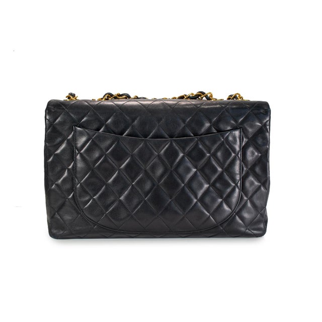 Animal Skin Vintage Chanel 1990s Black Lambskin Leather Quilted XL Jumbo Flap Bag For Sale - Image 7 of 11