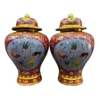 Pair of Chinese Cloisonné Enamel Koi Fish & Lotus Jars With Lids - 13" Tall For Sale
