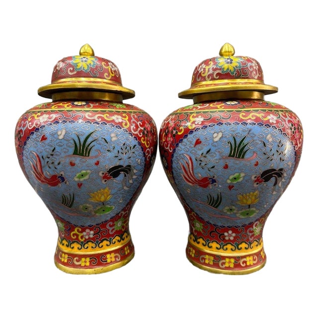 Pair of Chinese Cloisonné Enamel Koi Fish & Lotus Jars With Lids - 13" Tall For Sale