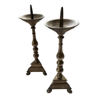 18th Century French Brass Altar Pricket Candlesticks, Set of 2 For Sale