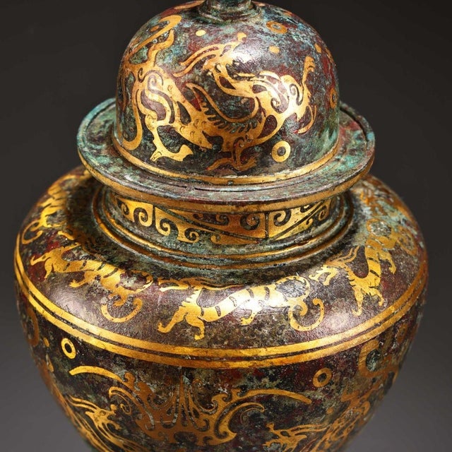 Bronze Ginger Jar With Gold & Silver Inlay - Archaic Lidded Urn For Sale In Los Angeles - Image 6 of 9