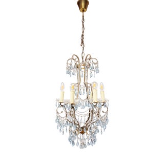 Italian Waterfall Chandelier in Gold-Plated Metal with Blue Crystals, 1960s For Sale