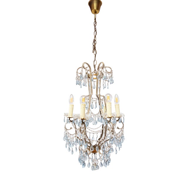 Italian Waterfall Chandelier in Gold-Plated Metal with Blue Crystals, 1960s For Sale