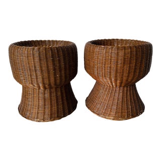 Vintage Mushroom - Shape Woven Wicker Side Tables - a Pair/ Sold For Sale