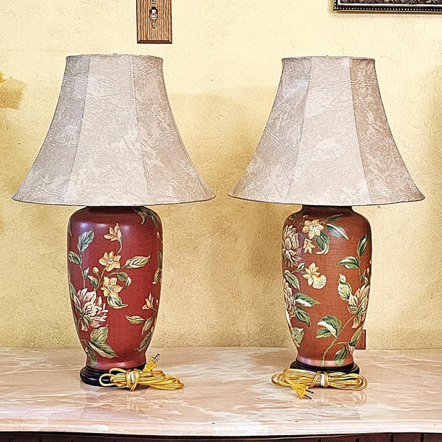 Vintage Burgundy Floral Chinoiserie Ceramic Ginger Jar Table Lamps With Shades - Pair For Sale In Washington DC - Image 6 of 18