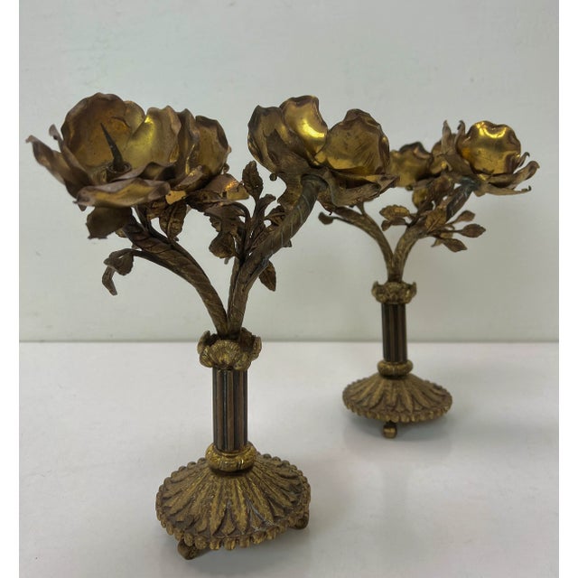 A set of nice old table decorations in the form of candlesticks with flowers and branches. Made of brass, nicely patinated...