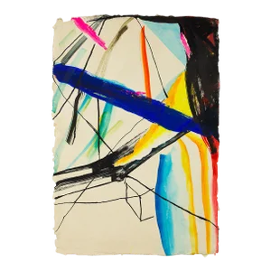 Contemporary Abstract Acrylic and Ink on Handmade Wasli Paper Painting “Trapeze" by Laura Newman
