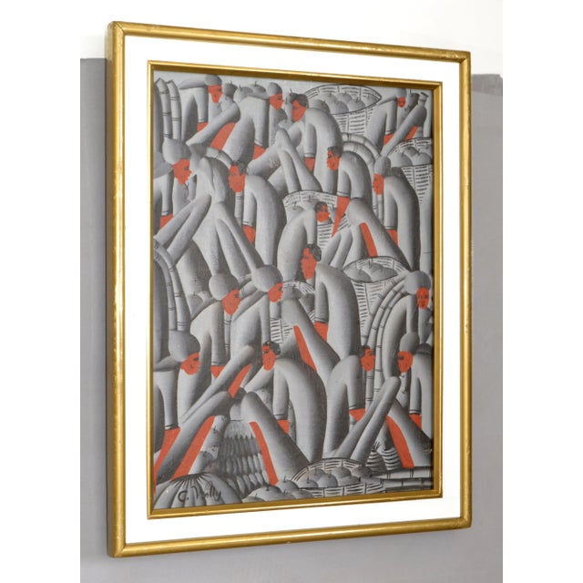 Wood Signed C. Willy Gold Frame Abstract People Harvesting Apples Pop Art on Canvas For Sale - Image 7 of 13