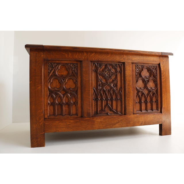 Antique 19th Century French Gothic Revival Blanket Chest in Carved Oak and Forged Iron, 1880 For Sale - Image 9 of 14