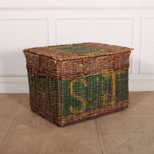English wicker basket from a fabric mill. Would make a wonderful log basket. 1900. This piece is designed in the style of...