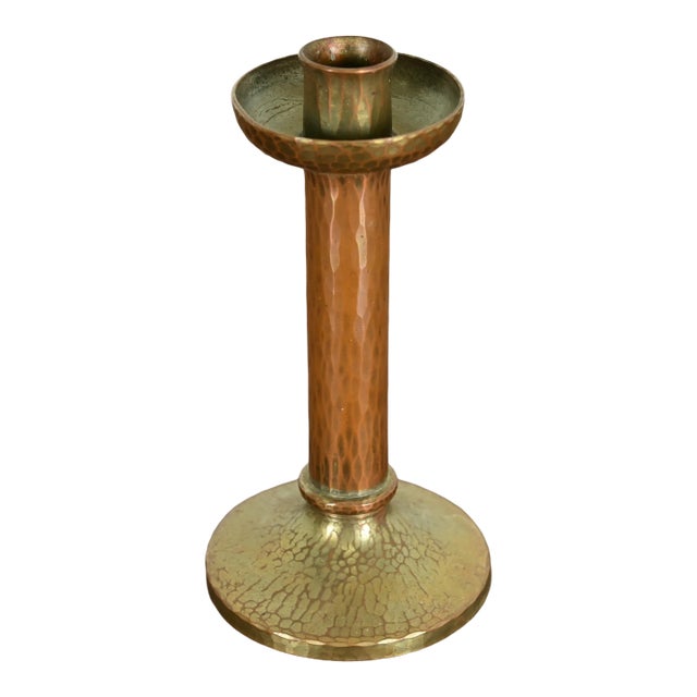 Roycroft Arts & Crafts Brass Finished Hammered Copper Candlestick For Sale