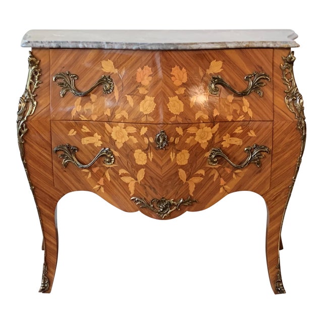 French Louis XV Style Kingwood & Marquetry Ormolu Mounted Bombe Commode For Sale