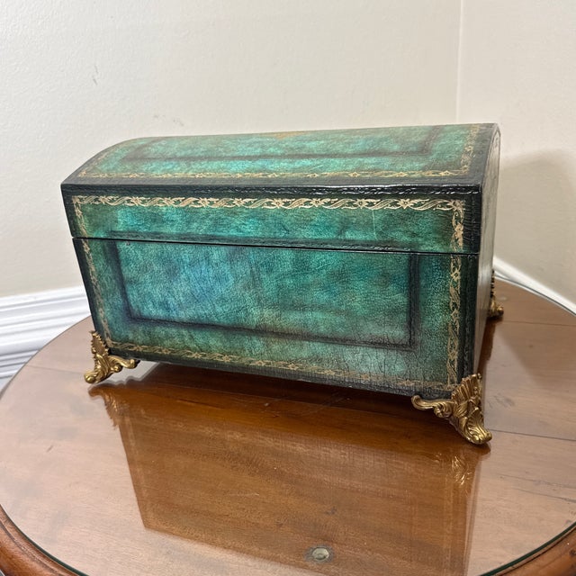Vintage Green Embossed Leather Domed Jewelry / Keepsake Box with Brass Claw Feet Description: Up for sale is a beautiful,...