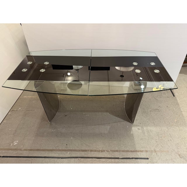Modern Double Pedestal Extendable Glass Top Table For Sale - Image 10 of 12