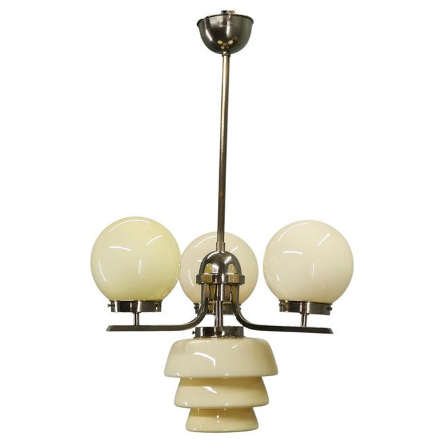Art Deco Cream Glass and Chrome Chandelier, Czechoslovakia, 1930s For Sale - Image 12 of 12