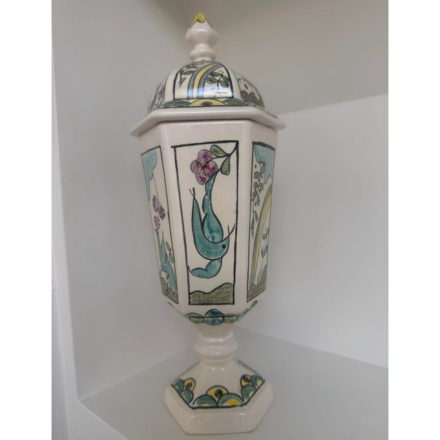 1950s Whimsical Hand-Painted Folk Animals Lidded Hexagonal Urn / Jar For Sale - Image 9 of 11