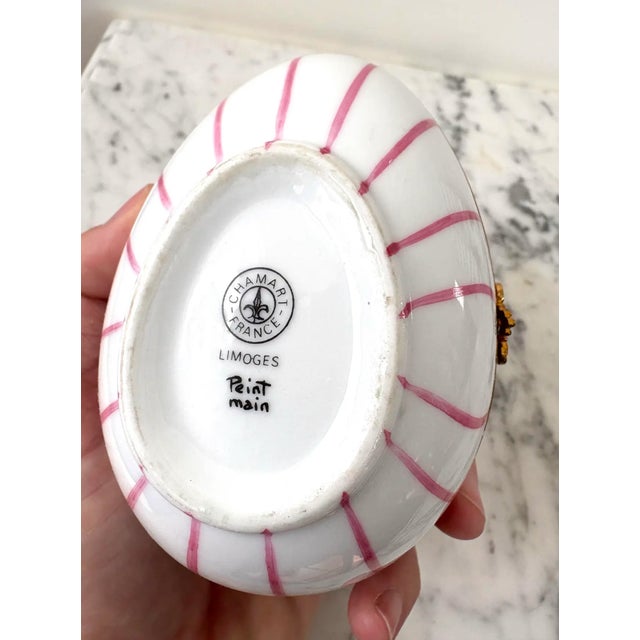 1960s 1960s Limoges France Handpainted Pink and White Striped Porcelain Egg Box With Brass Closure - Stamped For Sale - Image 5 of 6