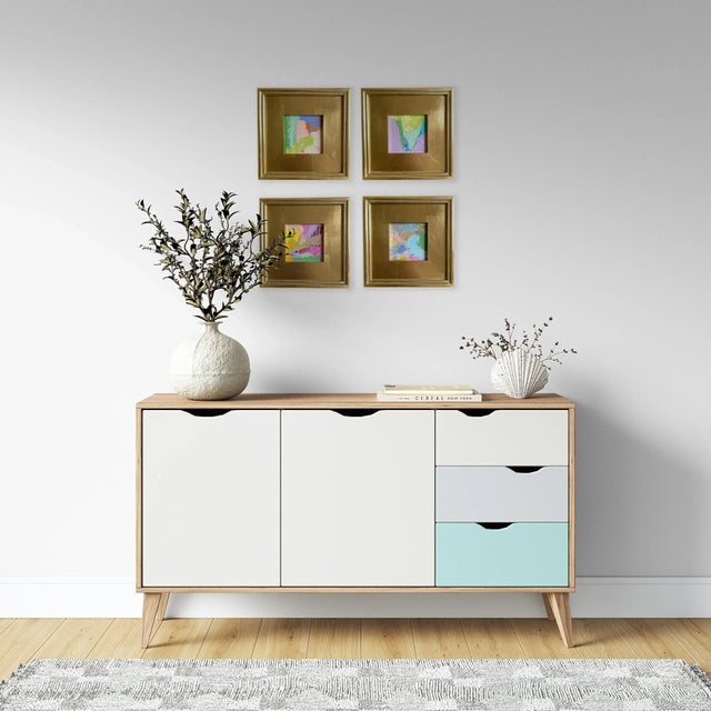 Four original mini paintings by Jessalin Beutler in a curated set with matching gilded wood frames. Paintings include:...