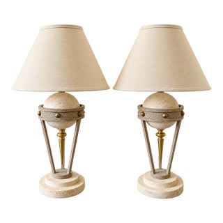Pair of Neoclassical Travertine, Cast Iron & Brass Sculptural Lamps, Attributed to Michael Taylor For Sale