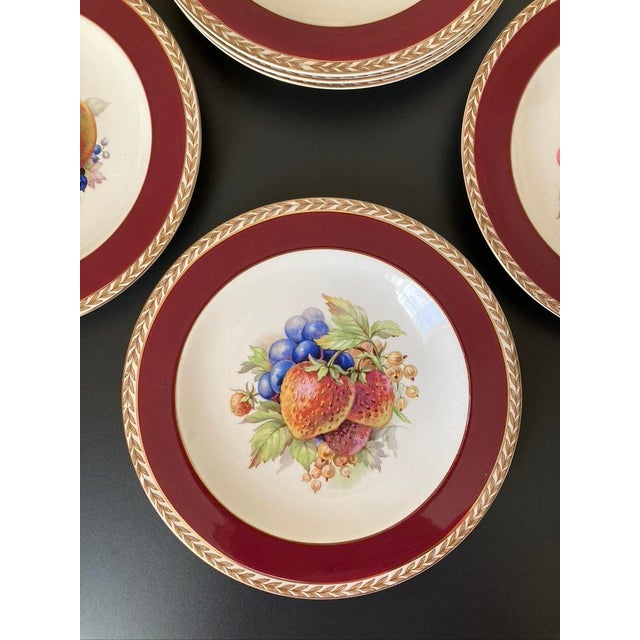 Crown Ducal Early 20th Century Crown Ducal Red Burgundy and Gold Border Fruit Decorated Porcelain Plates- Set of 6 For Sale - Image 4 of 18