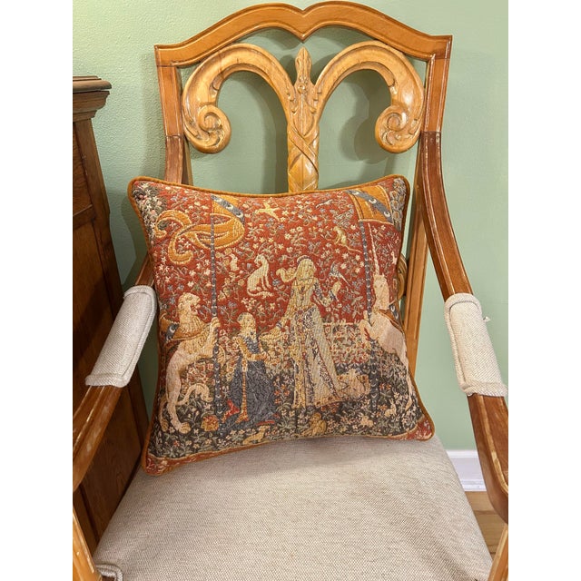 Gothic Vintage English Lady and the Unicorn Medieval Tapestry 19.5” Pillow With Gold Velvet Back With Down Insert For Sale - Image 3 of 10
