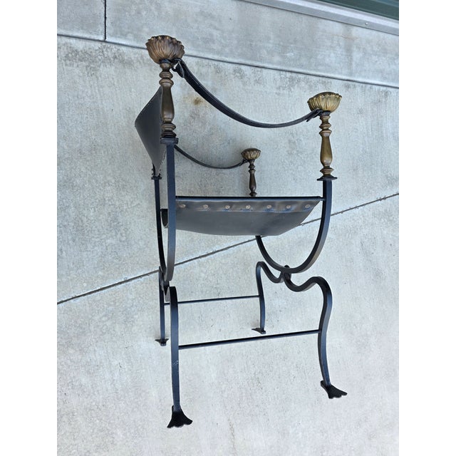 Black Vintage Italian Curule Savonarola Armchair in Black Leather Brass & Iron For Sale - Image 8 of 17