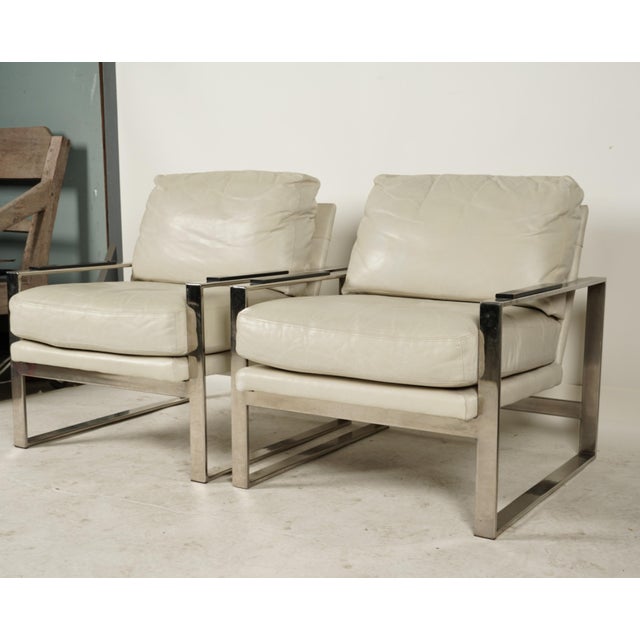 Pair of Modernist Michael Weiss Collection Leather & Chrome Armchairs by Vanguard Furniture Elevate your interior with...