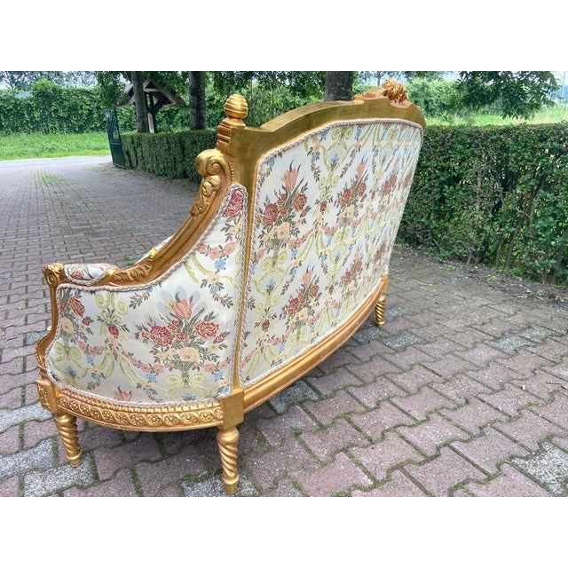 Late 20c Handcrafted Louis XVI Gold Beech Silk Cotton Settee For Sale - Image 10 of 11