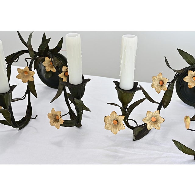 Vintage Italian Tole Floral Wall Sconces - a Pair For Sale - Image 9 of 11