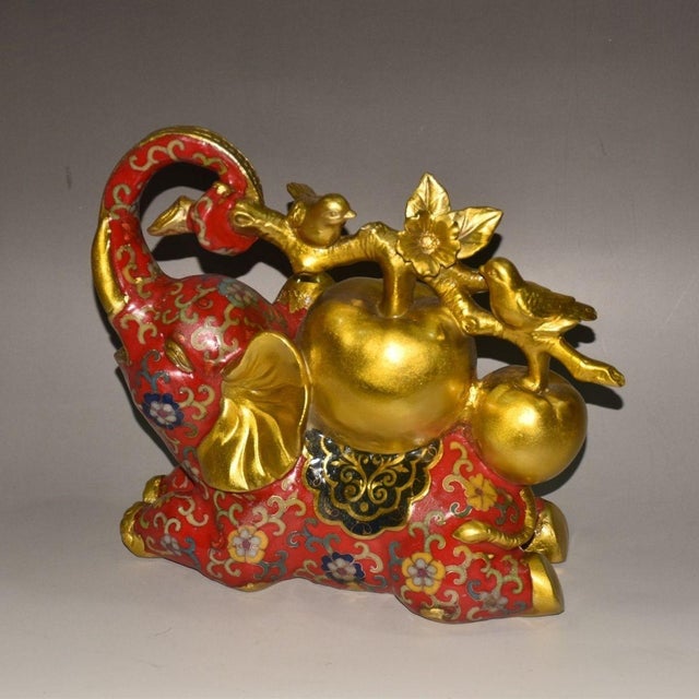 Vintage Cloisonné Elephant Statue With Golden Apples, Birds, and Floral Motifs For Sale - Image 4 of 9