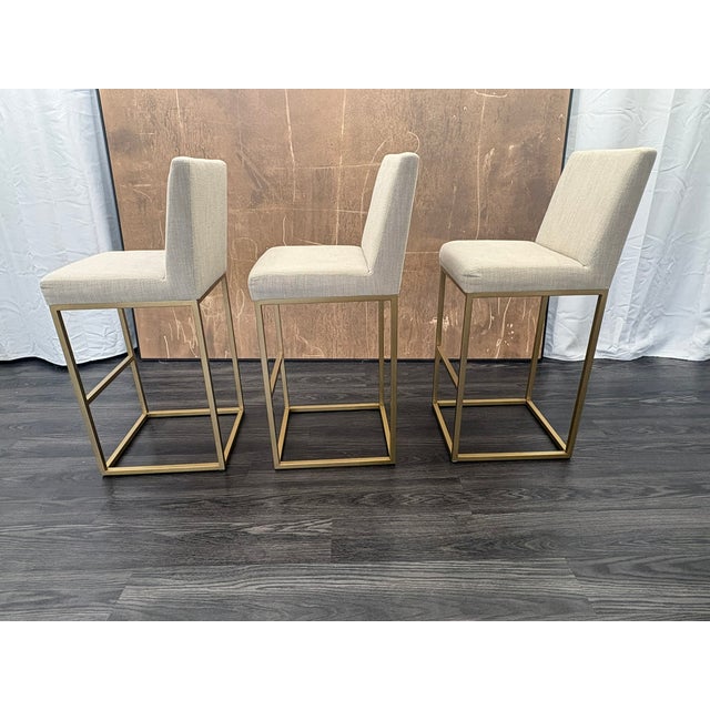 Rh Emery Armless Fabric Counter Stools – Set of 3 Perennials® Performance Textured Linen Weave – Sand | Burnished Brass | Counter Height For Sale In Columbus - Image 6 of 18