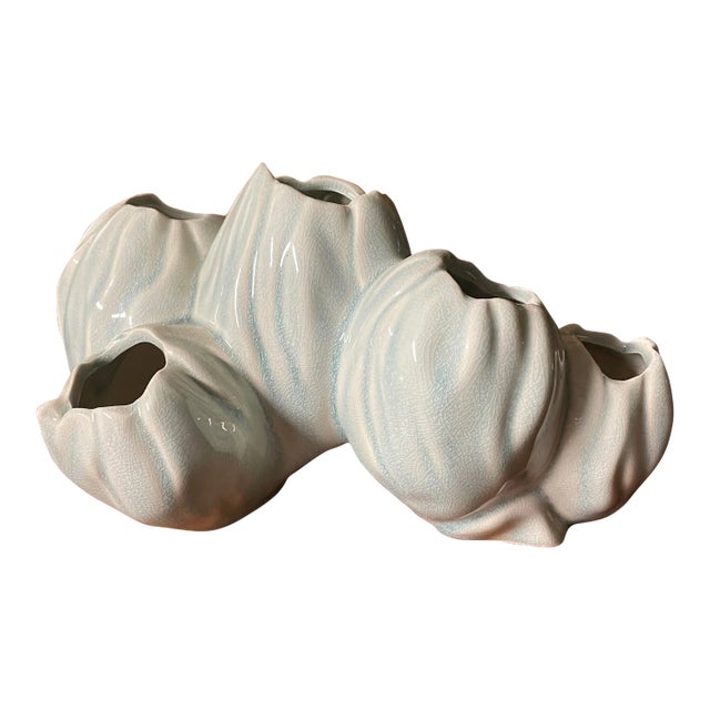 Mid Century Modern Blue Ceramic Coral Flower Ikebana Vase For Sale