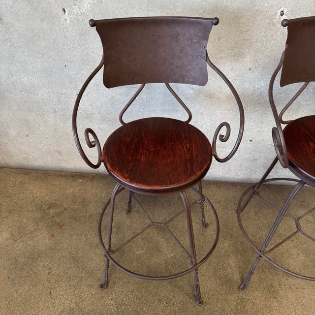 Wood Vintage Pair Wrought Iron & Wood Barstools For Sale - Image 7 of 12