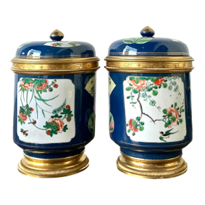 Vintage Asian Lidded Floral Ceramic Jars - A Pair