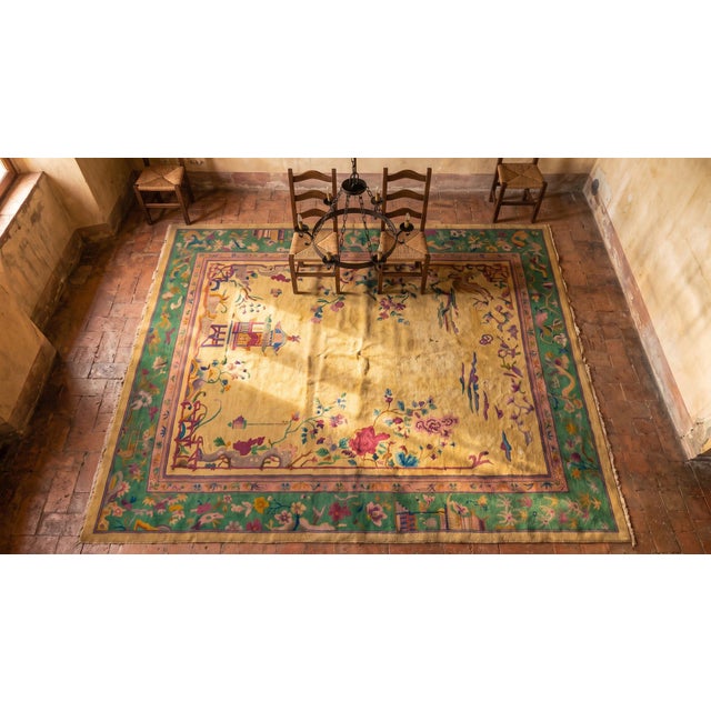 Lovely Beige Background With Colorful Border Floral Asymmetric Patterns Antique Chinese Art Deco Rug For Sale - Image 10 of 10