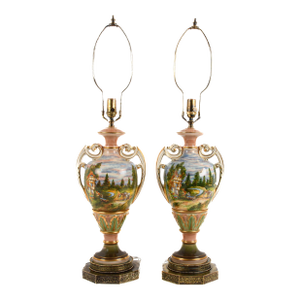 Mid-Century Hand-Painted Italian Porcelain Landscape Urn Lamps – Vintage Rococo Revival Pair (1950s)